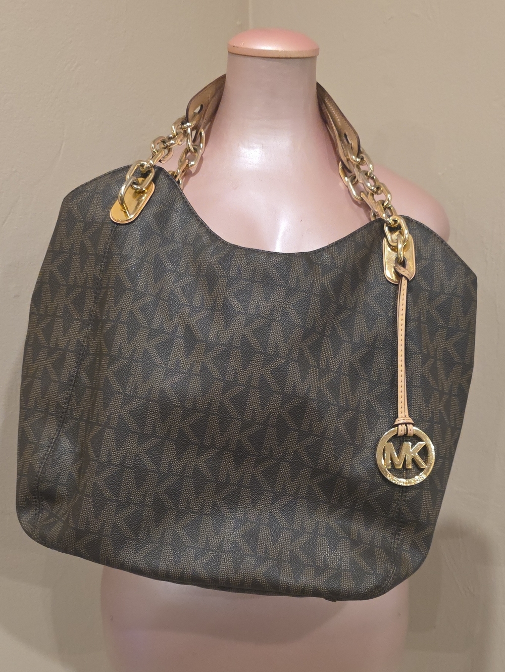 Michael Kors Brown Logo Hobo with Gold Chain Handle Shoulder Bag
